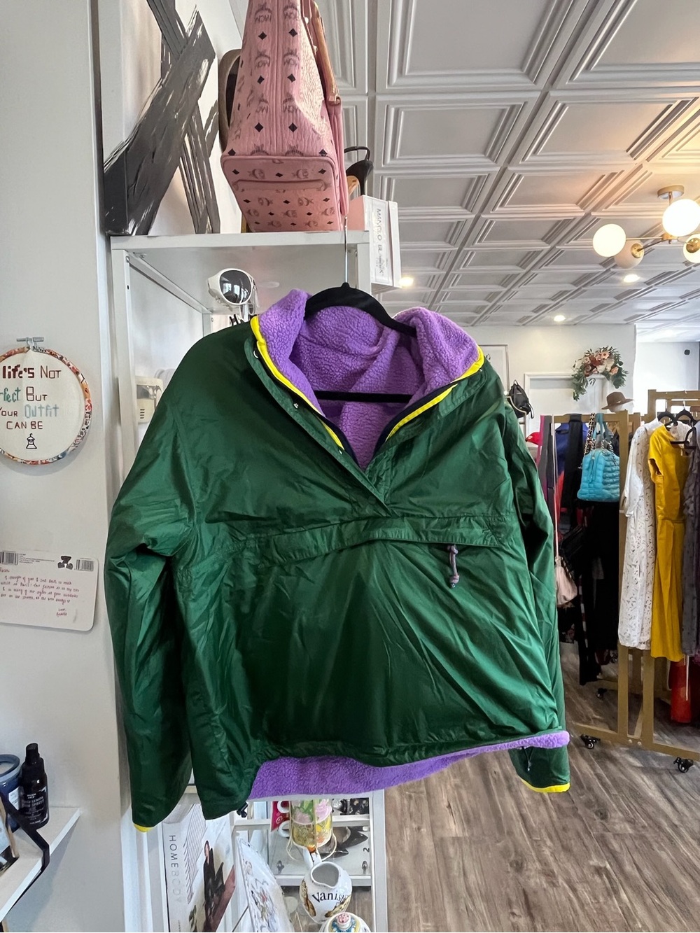Tory Burch Purple Fleece Pullover with Yellow Trim and green reversible inside